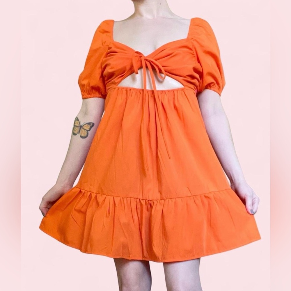 Orange Tie-Front Puff-Sleeve Midi Dress